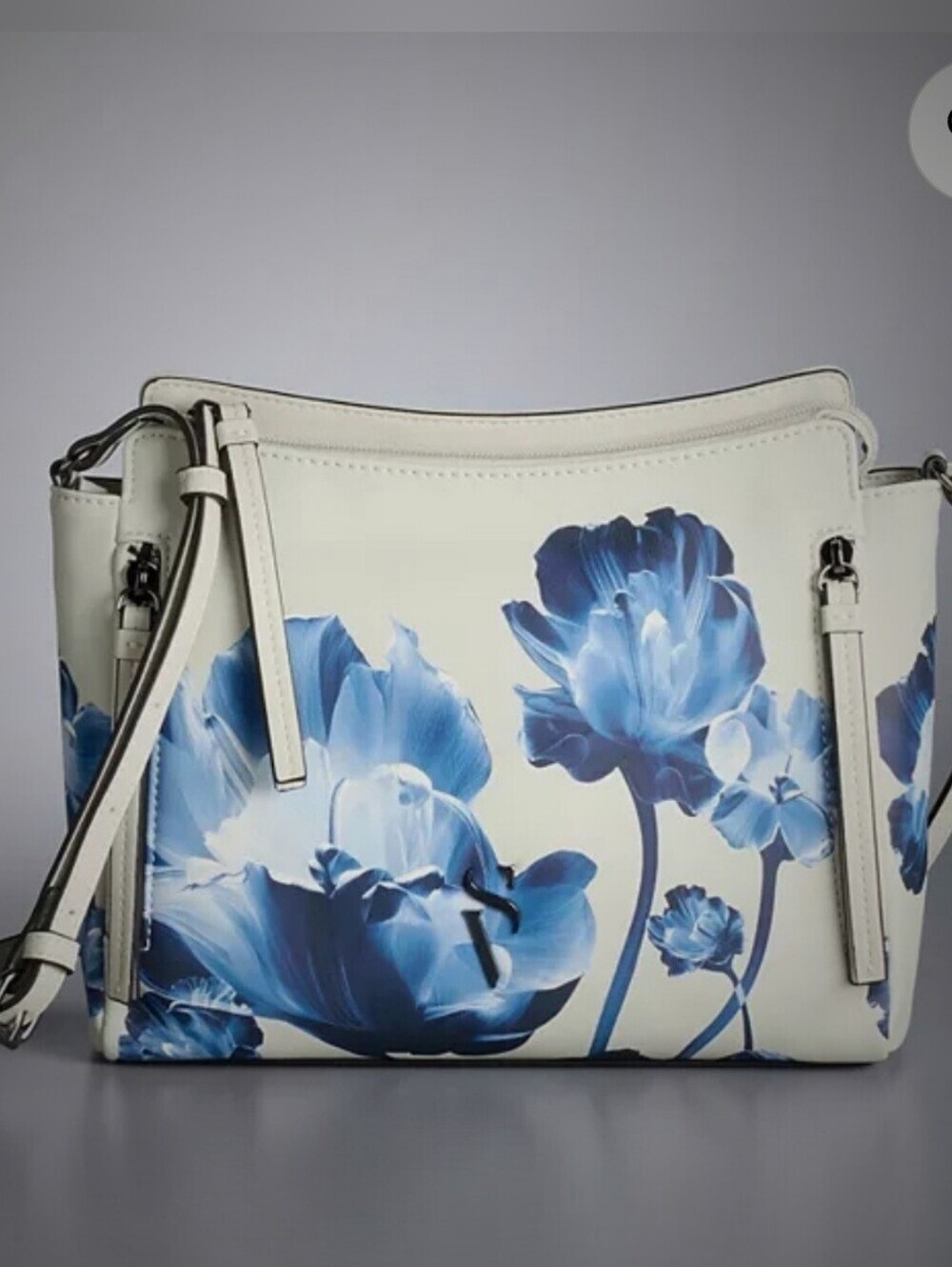 Simply Vera Vera Wang Cara Crossbody Bag. Blue Floral On Light Gray PU